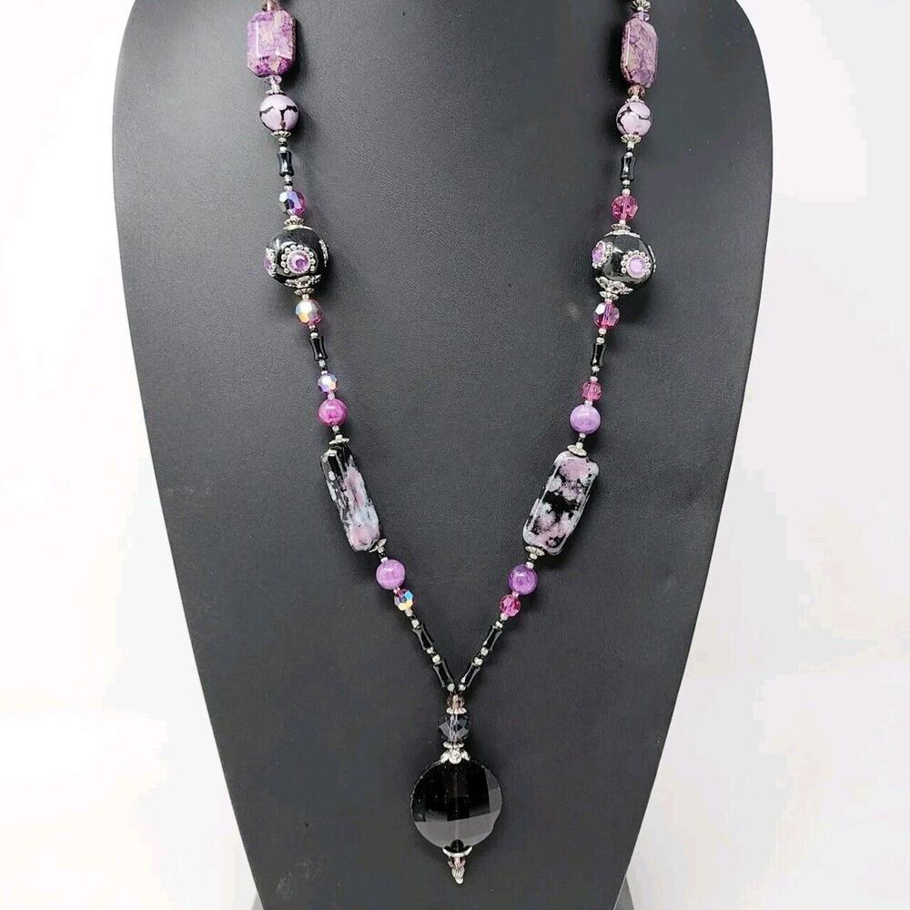 Artisan Sterling Silver 925 Glass Art Purple Faceted Pendant Stone AB Beads 28"